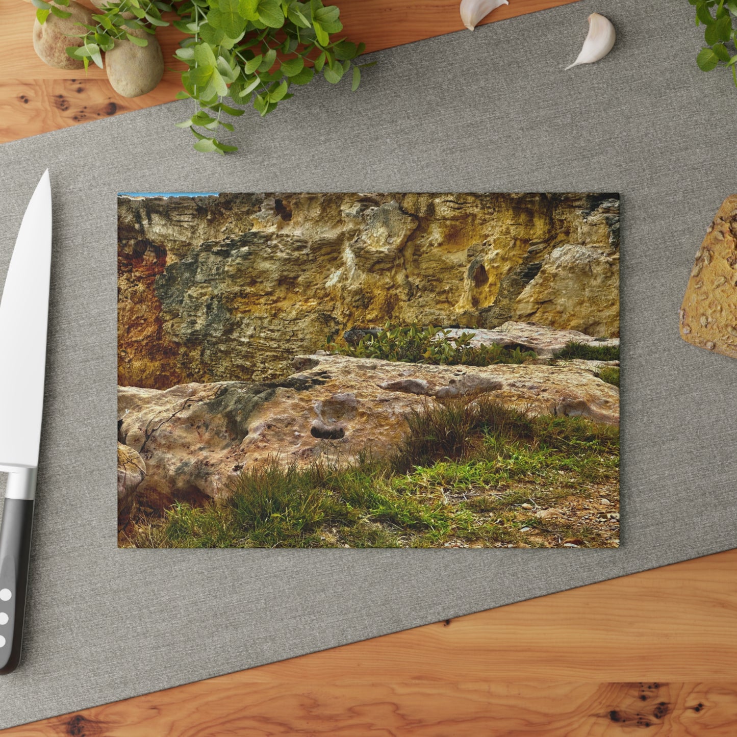 “Salt & Stillness” – Glass Cutting Board A coastal pause from Llanos Costa, Puerto Rico.