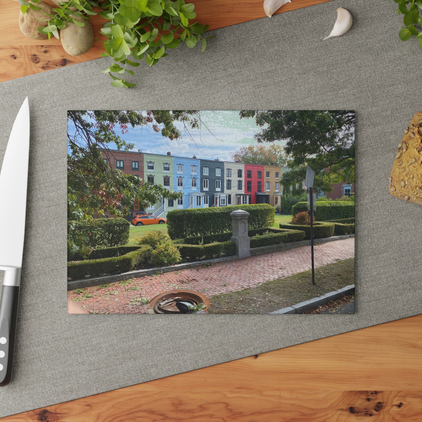 “Harbor Haze” – Glass Cutting Board A misted shoreline moment from Portland, Maine